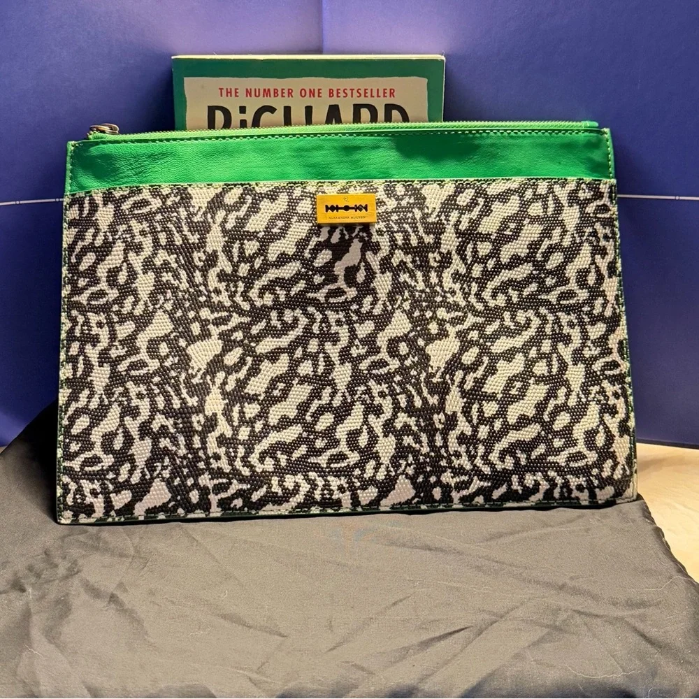 Alexander McQueen Black & White Patterned Toiletry Pouch with Green Trim NWT